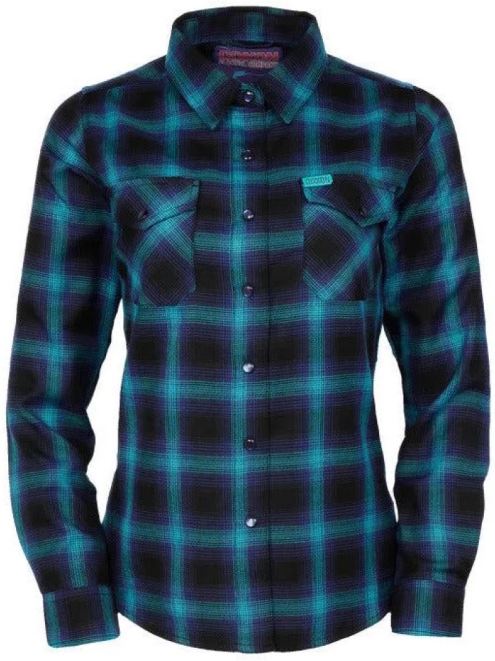 DIXXON women’s borealis size S Black and Teal Plaid Casual Button-Down Shirt